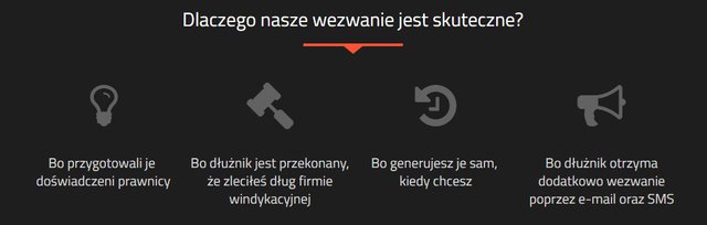 wezwanie do zapłaty Vindicat jest skuteczne: bo przygotowali je doświadczeni prawnicy, bo dłużnik jest przekonany, że zleciłeś dlug firmie windykacyjnej, bo generujesz je sam, kiedy chcesz, bo dłużnk otrzyma wezwanie poprzez e-mail oraz SMS